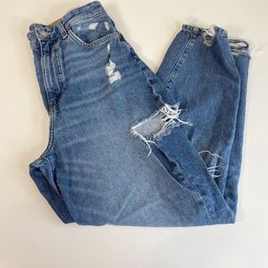 H&M Loose Ankle Mom Jeans Womens Size 6 Blue Ultra High Waist Distressed Denim
